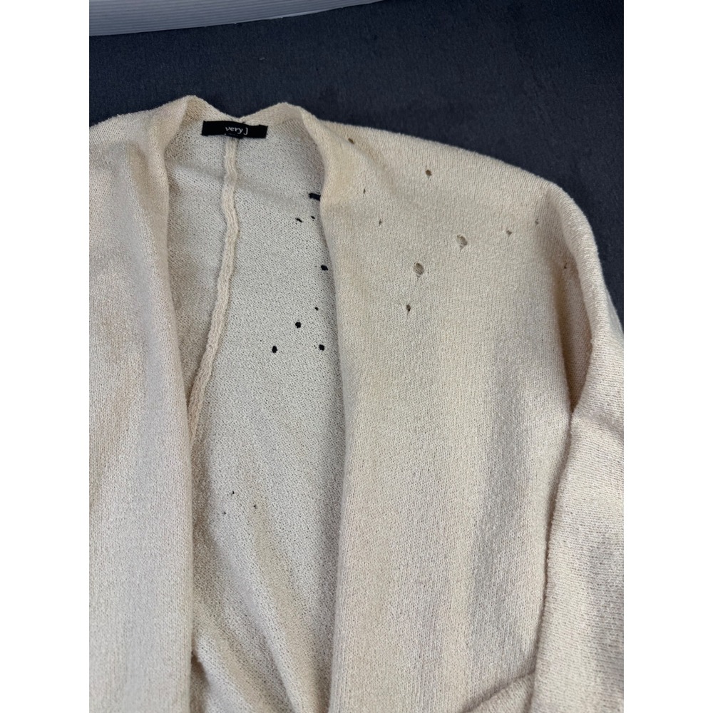 very j Cream Distressed Open Front Long‎ Sleeve Knit Cardigan Sweater